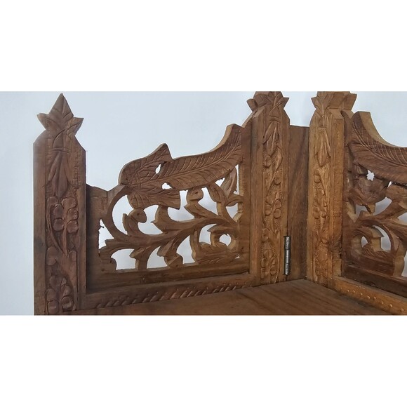 Vintage 16” Hand Carved Wood Folding Corner Display Shelf 2 Tier Owl India - Picture 2 of 16